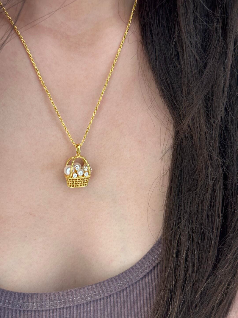Golden Basket of Pearls Necklace