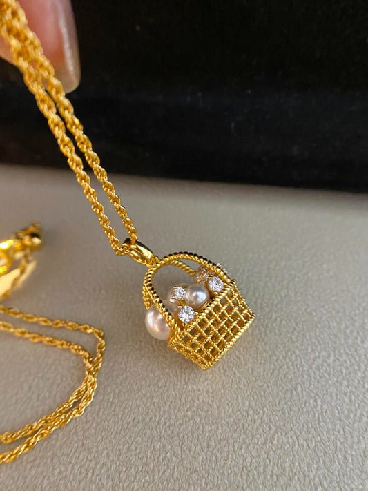 Golden Basket of Pearls Necklace