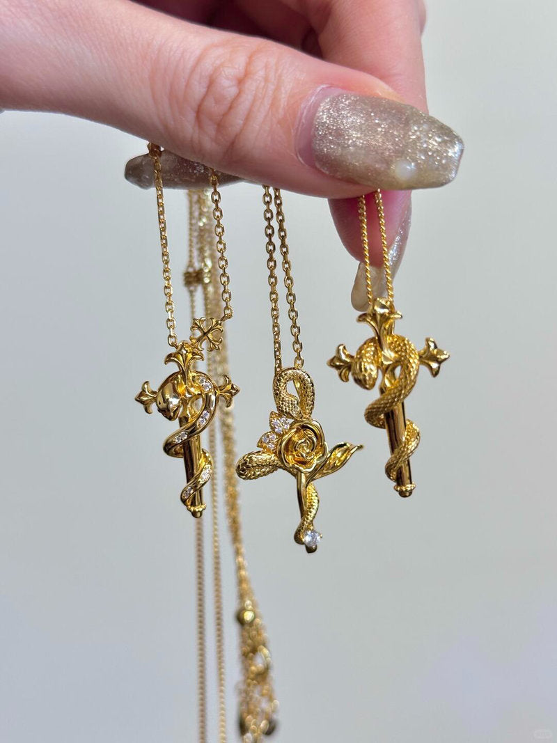 Golden Serpent & Rose Necklace