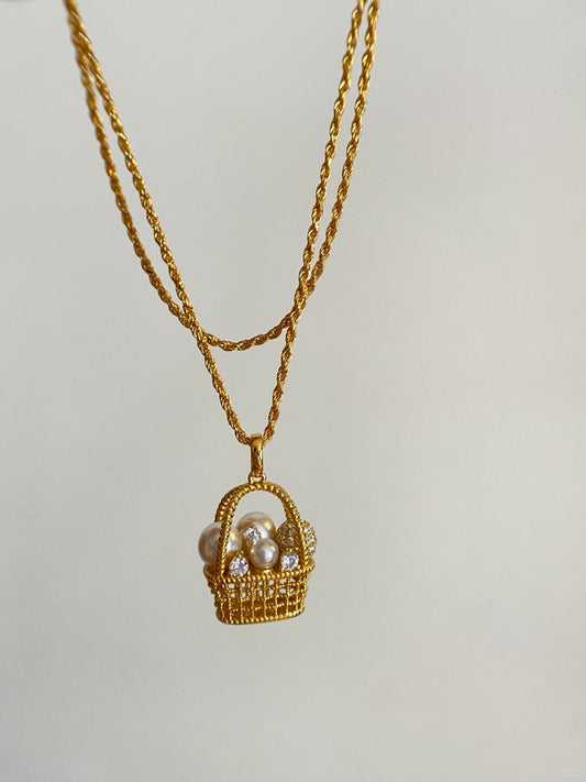Golden Basket of Pearls Necklace